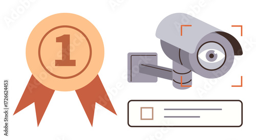 Golden award badge with 1 and surveillance camera with focus marks. Ideal for recognition, achievement, monitoring, surveillance, security, evaluation, accountability, simple flat metaphor