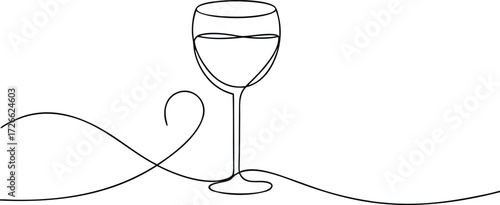 Single line drawing of wine glass with liquid and swirls