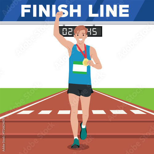 Happy runner crossing the finish line with a gold medal, celebrating victory in a race competition. Flat vector illustration isolated on white background