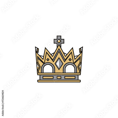 A stylized illustration of a royal gold and silver crown, topped with a cross and isolated on a white background.