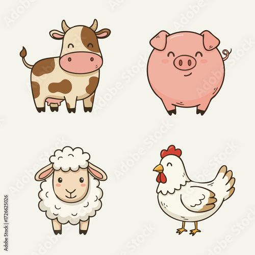 Farm animals group with cow pig sheep and chicken