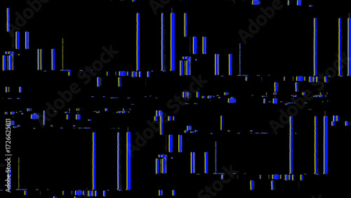 Blue glitch background with abstract digital noise, pixel distortion, cyberpunk style, vibrant neon bars and VHS error effect, perfect for tech design, futuristic posters, music covers, digital art