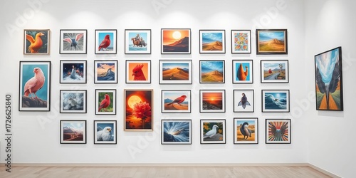Clean white wall showcasing diverse framed artwork, minimalist gallery setting,  art print,  posters