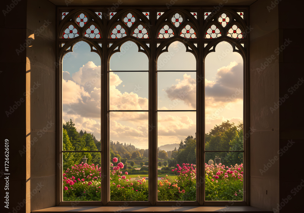 Fototapeta premium Gothic Window View Picturesque Garden Landscape, Sunlight, Clouds, Trees, Architectural Design.