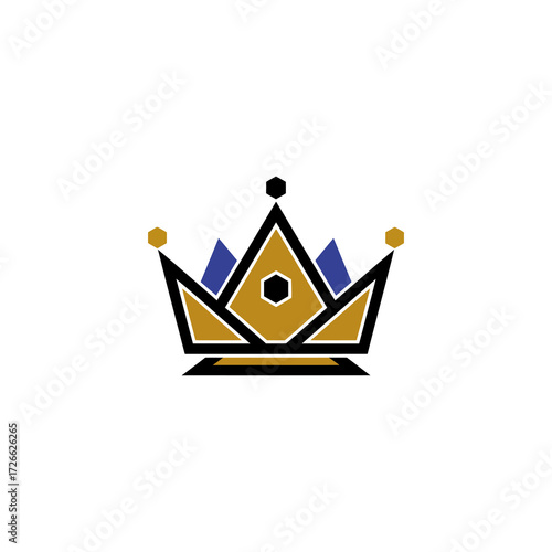 Stylized crown illustration with gold, black, and blue accents, featuring geometric shapes and a minimalist design against a white background.