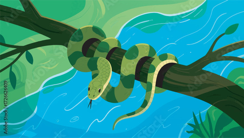 Illustration Of A Large Boa Snake Coiled Around A Tree Branch With A River Below It Vector Design Template
