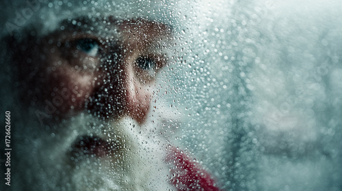 Melancholy Santa Claus peeking through a rain-streaked window, evoking winter blues and holiday longing.