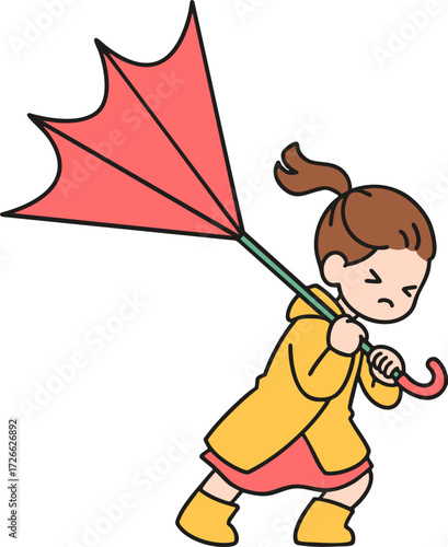 a girl who wears an umbrella upside down in the strong wind