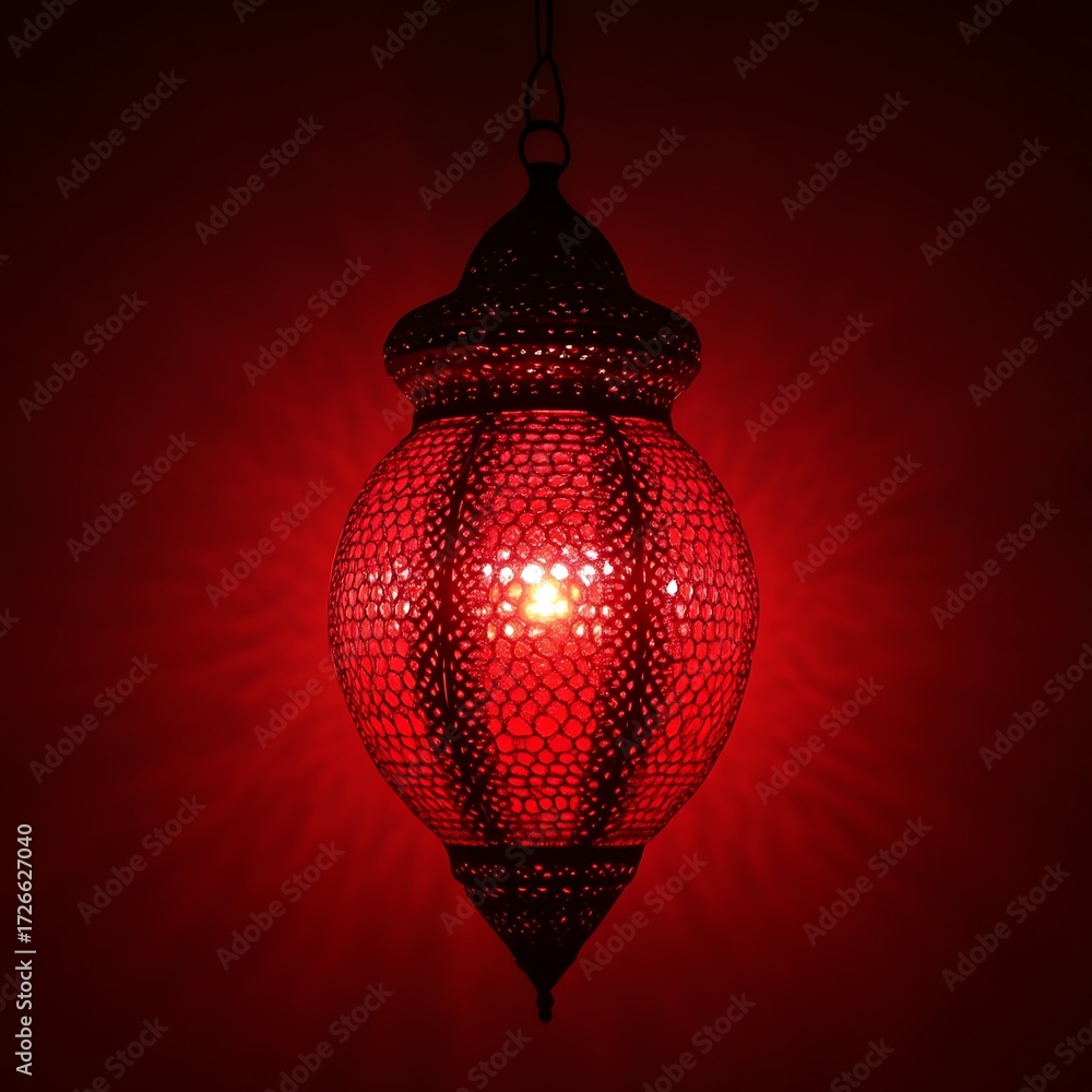 Fototapeta premium Red, ornate hanging lamp against deep red background