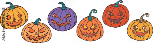 Colorful Halloween Pumpkins Vector Illustration with Scary Jack O’Lantern Faces