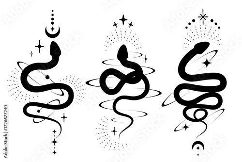 Celestial mystic illustration with snakes and occult symbols. Black tattoo with serpents moon and stars. Kundalini fantasy vector art.