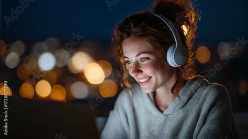 Cozy Evening with Music: A young woman with headphones on her ears and smile listens to music on laptop enjoying a relaxed evening in city background .