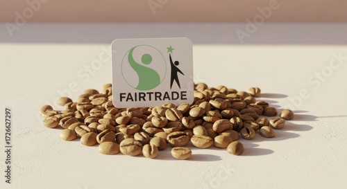Photo of pile of roasted coffee beans with a fairtrade logo in the center, symbolizing ethical sourcing and sustainable agriculture practices in the coffee industry