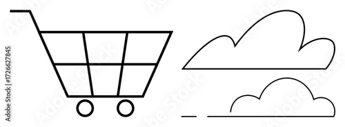 Shopping cart symbol and two cloud shapes linked by a line, showcasing a mix of retail and cloud-based technology themes. Ideal for e-commerce, cloud computing, online business, digital marketplace