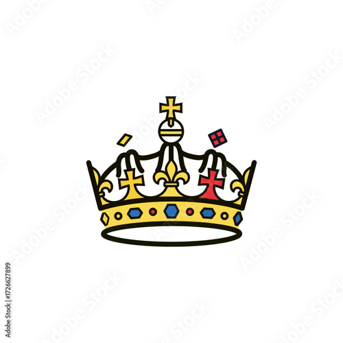 A stylized golden crown with red and blue accents, featuring crosses and fleur-de-lis, symbolizing royalty and authority.