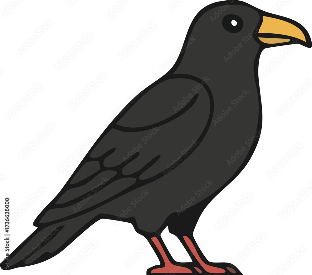 Fototapeta premium Black crow in profile with bright beak and red legs