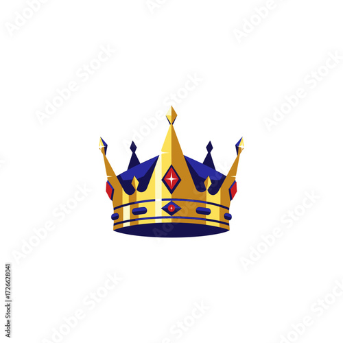 A regal golden crown adorned with deep blue velvet and sparkling red gemstones, symbolizing royalty and supreme authority.