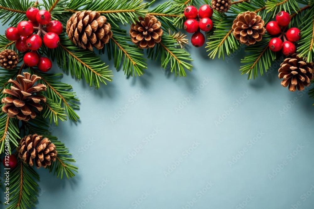 Fototapeta premium Festive garland with glossy red berries and natural pine cones , berries, home decor