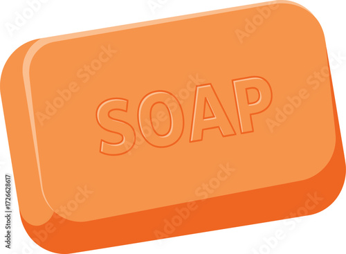 Bright orange bar of soap isolated on white displaying embossed logo for cleanliness and personal care routine isolated on transparent background