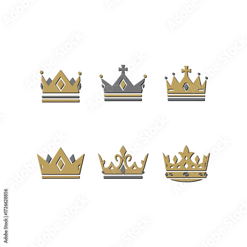 Collection of six stylized royal crowns in gold and gray, presented on a white background, showcasing various regal designs.