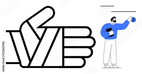 Oversized hand forming a thumbs-up paired with a professional man holding files and interacting conceptually. Ideal for approval, positivity, teamwork, workplace, success, support, encouragement in