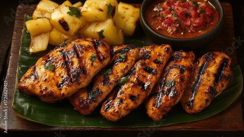 Grilled chicken with roasted potatoes and salsa