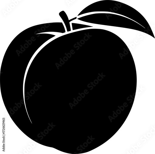a black silhouette of a peach with a leaf attached, vector illustration
