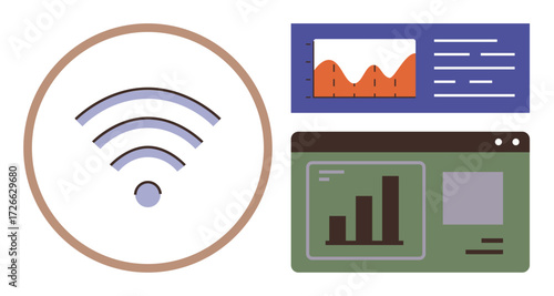 wireless signal icon paired with graphical data sets including bar and line charts, text, and interface windows. Ideal for technology, connectivity, analytics, business, communication, data sharing