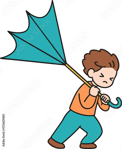 a boy who wears an umbrella upside down in the strong wind