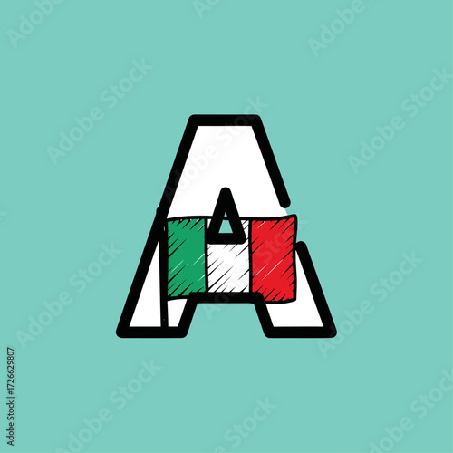 A hand-drawn style capital letter A with the Italian flag colors inside, set against a teal background.