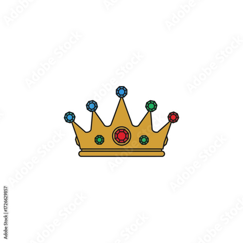 A golden crown with colorful jewels, including blue, green, and red gems, isolated on a white background.