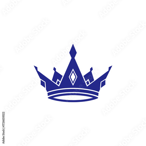 A stylized royal blue crown emblem with a prominent central point and geometric diamond details, presented as a flat vector icon on a white background.