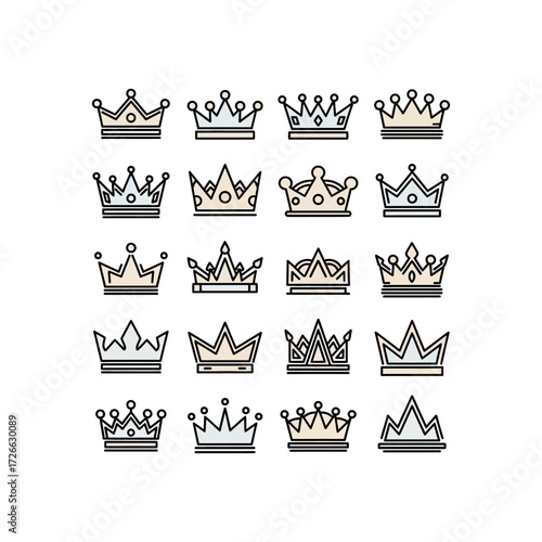 A collection of stylized crown icons, each with unique geometric designs and subtle color variations, presented in a grid formation.