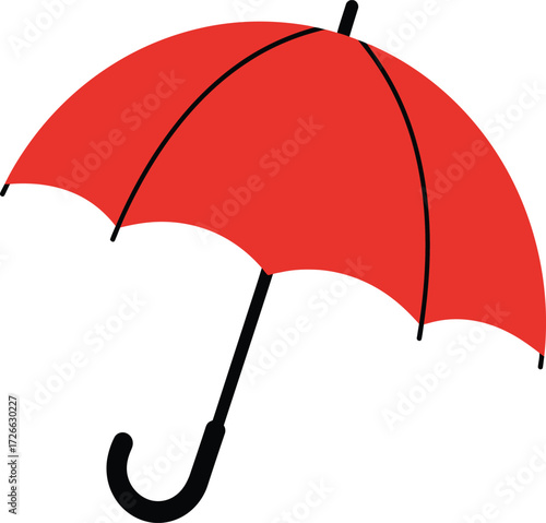Classic red umbrella with curved handle providing shelter and protection against weather elements outdoors isolated on transparent background