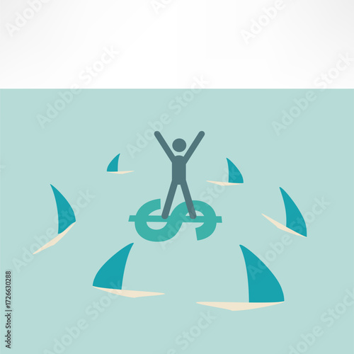 Person celebrating success while standing on a dollar sign surrounded by sailboats in a calm sea