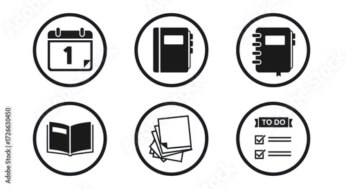 Black and white vector icons of planning and organization tools including a calendar, notebooks, sticky notes, and a to-do list.