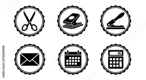 A set of six black and white circular icons depicting common office supplies like scissors, a hole punch, an envelope, a calendar, and a calculator.