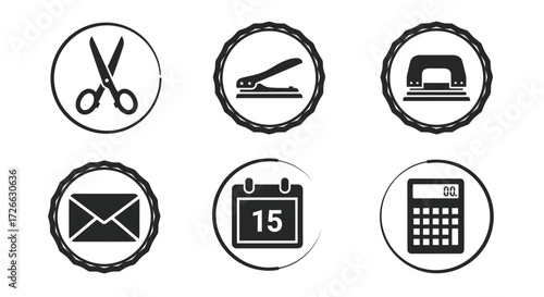 Vintage office supplies icons in circular frames.