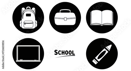 A set of black and white circular icons representing school supplies, including a backpack, book, laptop, and crayon, illustrating an educational concept.