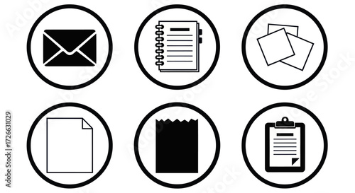 Six black and white circular icons representing various office and communication items like mail, notebooks, documents, and clipboards.