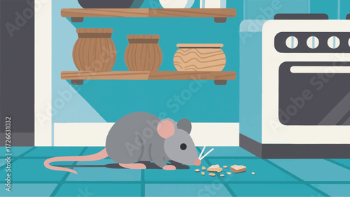 Illustration Of A Mouse Looking For Bread Crumbs On The Kitchen Floor Vector Design Template