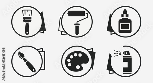 A set of six monochrome circular icons depicting various art, craft, and painting supplies.