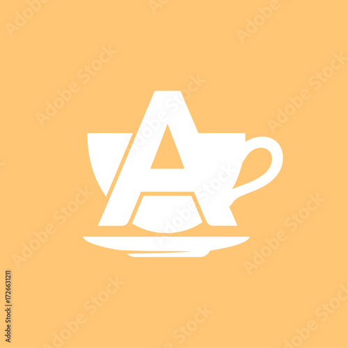 A white stylized letter A integrated with a teacup and saucer on a light orange background, representing a coffee or tea brand logo.