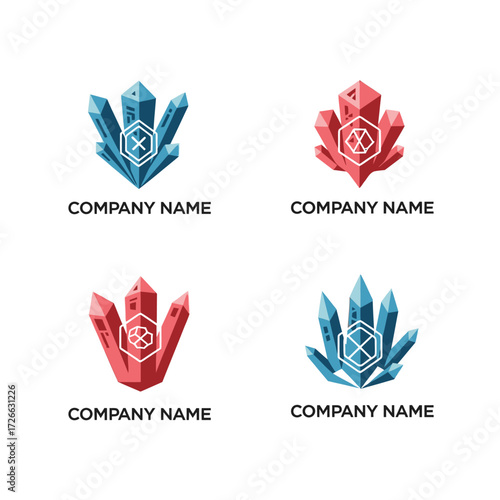 Four crystal logo designs, red and blue crystals, company name.
