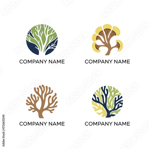 Four different tree logos with company names for branding and design.