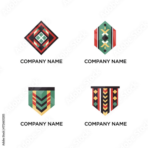 Four Geometric Tribal Logo Designs with Varied Shapes and Patterns.