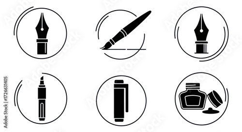 Collection of writing instruments, including fountain pens, ballpoint pens, and ink bottles, displayed in circular icons.