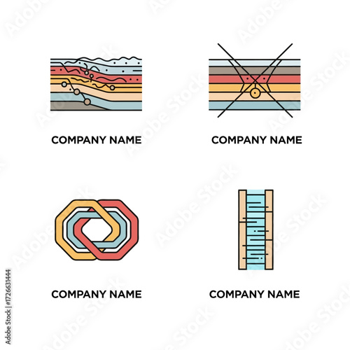 Geological strata and abstract interlocking shapes logo set.