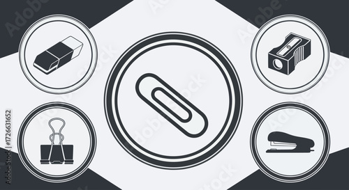 A collection of common office supplies including a paperclip, eraser, pencil sharpener, binder clip, and stapler, presented in a graphic design.