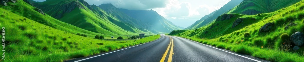 Naklejka premium Asphalt ribbon winds through lush green mountains , mountain, travel photography